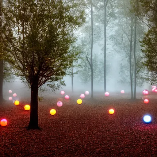 Image similar to forrest illuminated by glowing spheres, mist on ground, dramatic, night, 5 5 mm