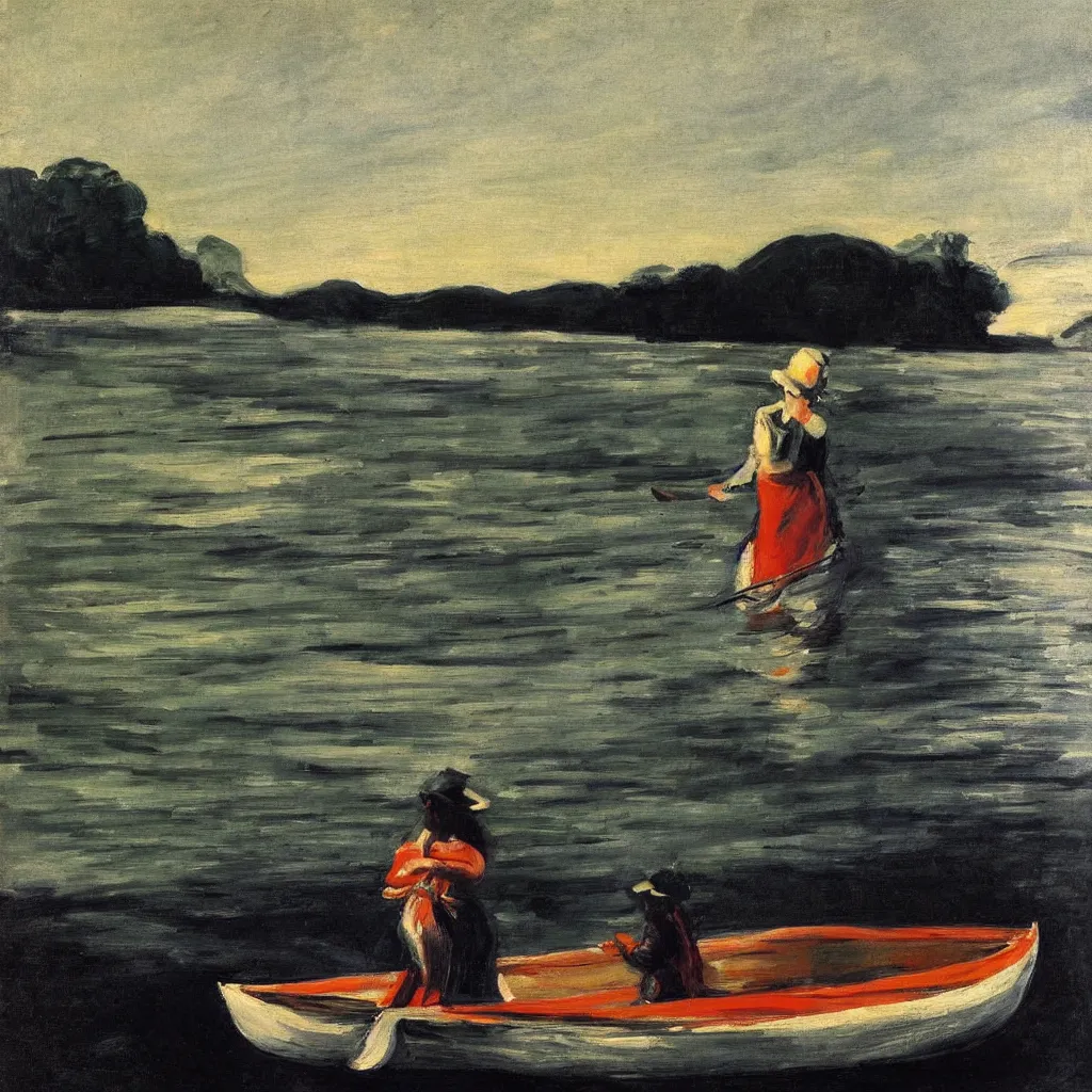 Image similar to beautiful woman standing in canoe on the hudson river, oil painting, style of george bellows