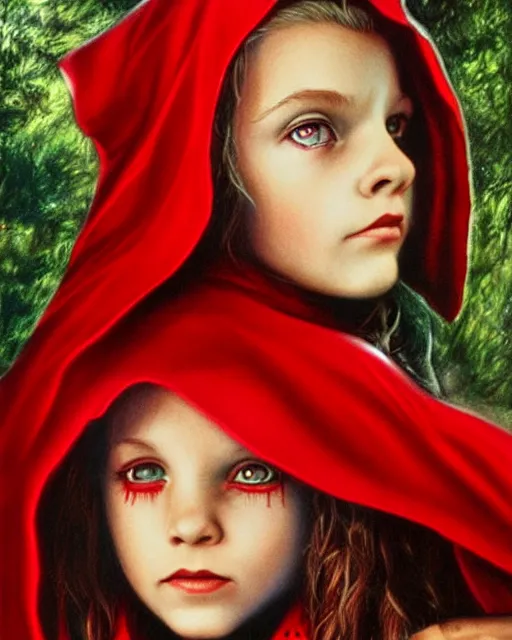 Image similar to little red riding hood, airbrush, drew struzan illustration art, key art, movie poster