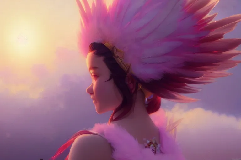 Image similar to Portrait of magical girl, close up, wearing crown of bright feathers, painting by studio ghibli, Ivan Aivazovsky and Greg Rutkowski, artstation, fantasy, intricate, beautiful, cinematic, octane render, arnold render, 8k, hyper realism, detailed, sharp focus, 4k uhd, masterpiece, award winning