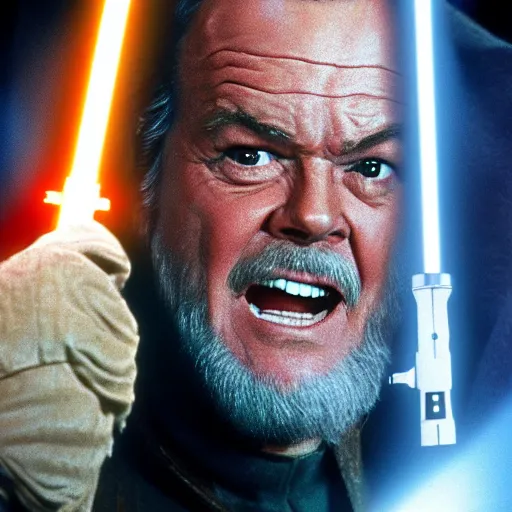 Image similar to jack nicholson as obi wan kenobi in star wars episode 3, 8k resolution, full HD, cinematic lighting, award winning, anatomically correct