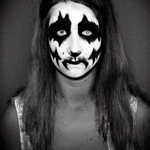 Prompt: Mugshot of a young woman with corpse face paint, First degree murderer, 1992, black and white, noise, focus, detailed, nightmarish lighting,