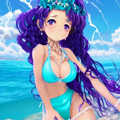 Prompt: a very beautiful anime princess, full body, long braided curly purple hair, twisted braids, sky blue watery eyes, full round face, short smile, teal white bikini, serene beach setting, cinematic lightning, medium shot, mid-shot, highly detailed, trending on artstation, Unreal Engine 4k, cinematic wallpaper by Stanley Artgerm Lau, WLOP, Rossdraws, James Jean, Andrei Riabovitchev, Marc Simonetti, and Sakimichan