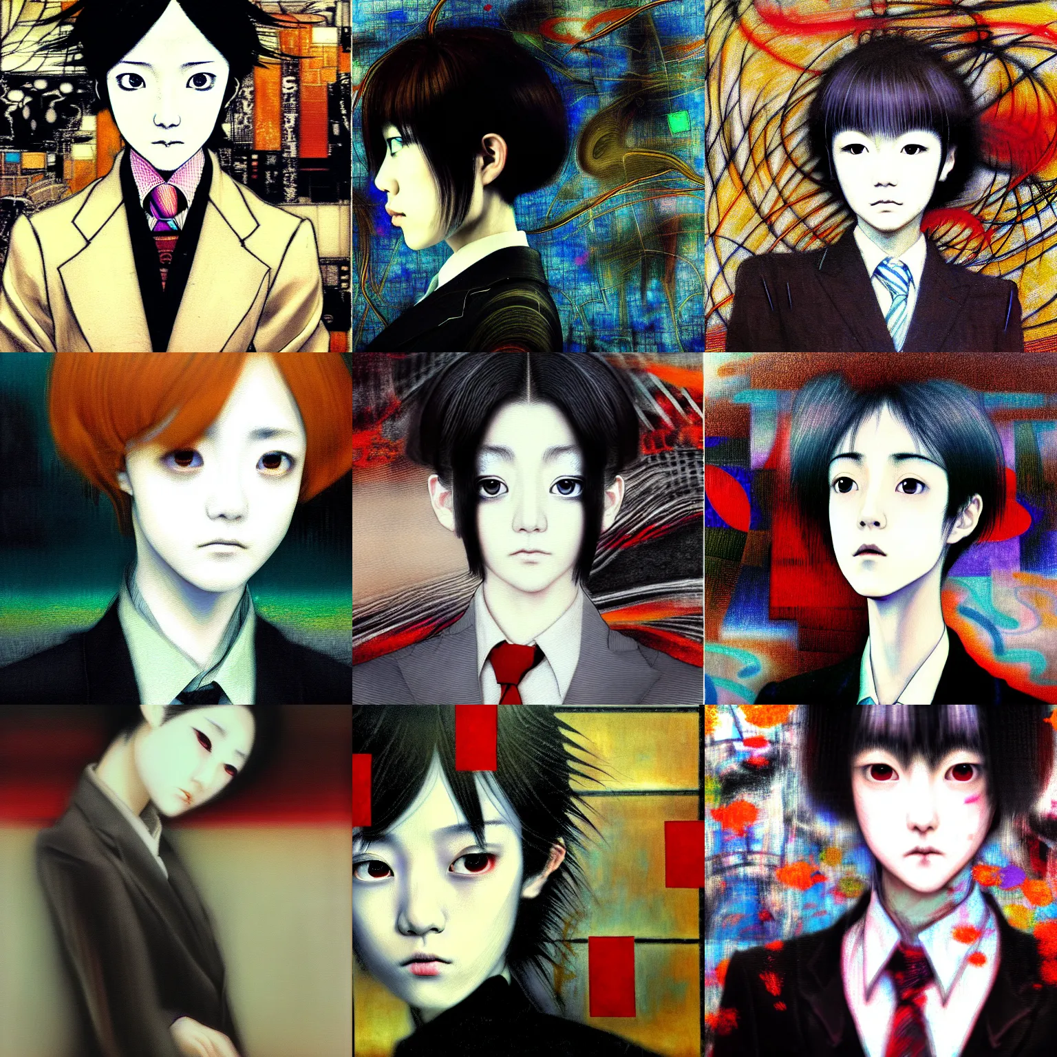 Image similar to yoshitaka amano blurred and dreamy realistic three quarter angle portrait of a young woman with short hair and black eyes wearing office suit with tie, junji ito abstract patterns in the background, satoshi kon anime, noisy film grain effect, highly detailed, renaissance oil painting, weird portrait angle, blurred lost edges