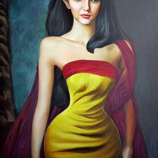 Image similar to painting portrait of a beautiful young long dress woman _ dark _ haired woman by cheval michael