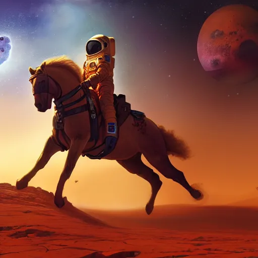 Image similar to centered portrait of the Astronaut riding a Horse in Mars, realistic character concept, high fantasy, light atmosphere, golden ratio, wide shot, cinematic lighting, hyperdetailed, high detailed, high resolution, insanely detailed and intricate, artstation, Marc Simonetti, Greg Rutkowski, octane render, unreal engine, 8k