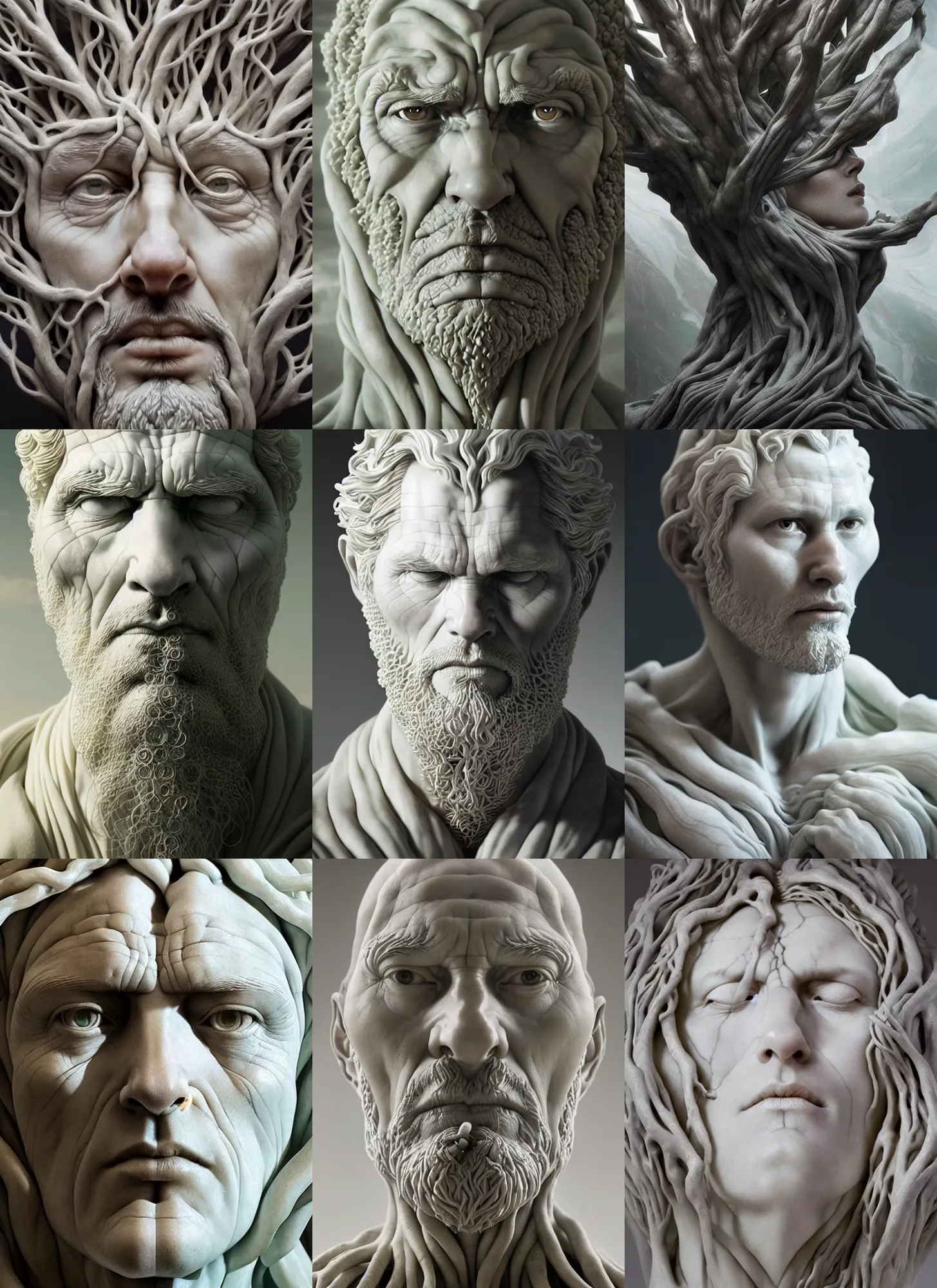 Prompt: beautiful closeup portrait of tree of life marble sculpture by greg rutkowski, josan gonzalez, rodin, michelangelo, cinematography by christopher nolan, imaginative, creative, emotion : madness