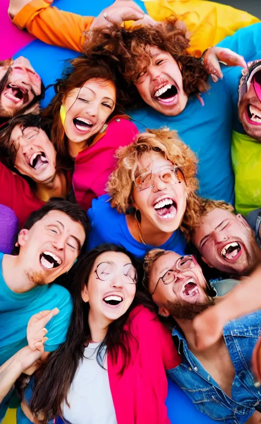 Prompt: this is a photo of a group of friends laughing together. the colors are very vibrant and the people in the photo look very happy. vibrant colors, very funny, personal, positive, visually pleasing, engaging and contains humans. high resolution. high quality. hq hd. trending on artstation.