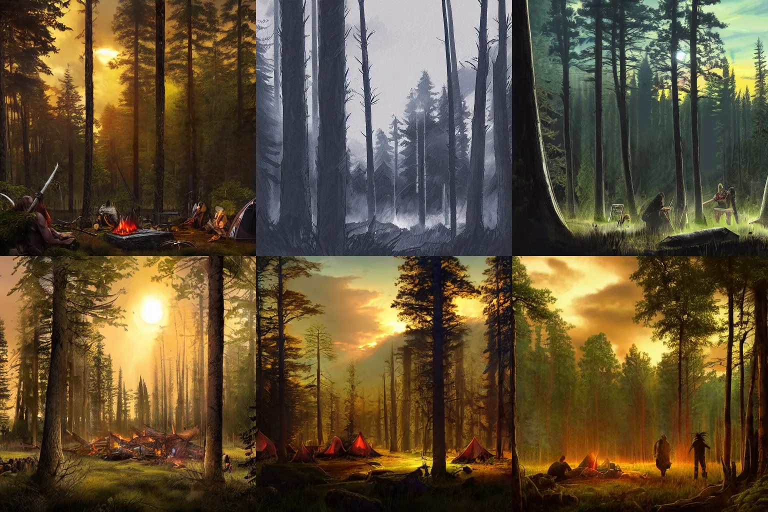 Prompt: a dramatic sunset filters through the trees of a caledonian forest into a clearing with a barbarian campsite, by john avon, darkly detailed, concept art