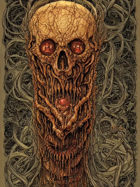 Image similar to A horror illustration design of a Necronomicon from hell revealing the fate of mankind,by James Jean and M.W.kaluta and james c. christensen and aaron horkey and peter gric,trending on pinterest,medieval,ossuary,rococo,fractalism,maximalist,glittering,feminine