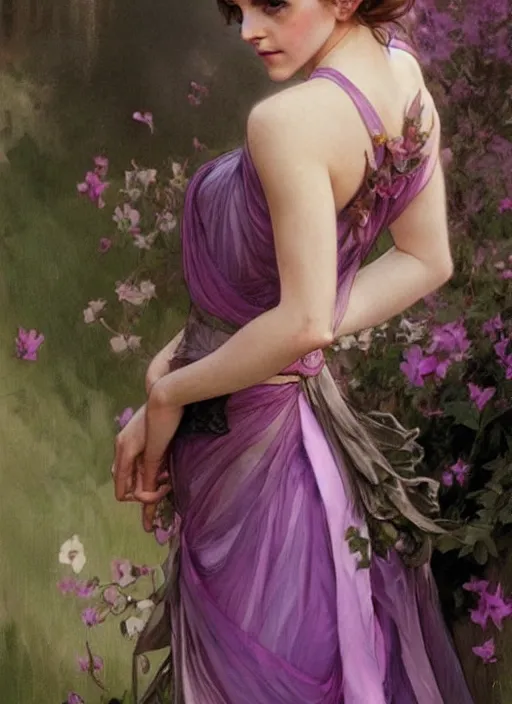 Image similar to emma watson wearing revealing pink and purple chiffon dress with flounces. beautiful detailed face. by artgerm and greg rutkowski and alphonse mucha