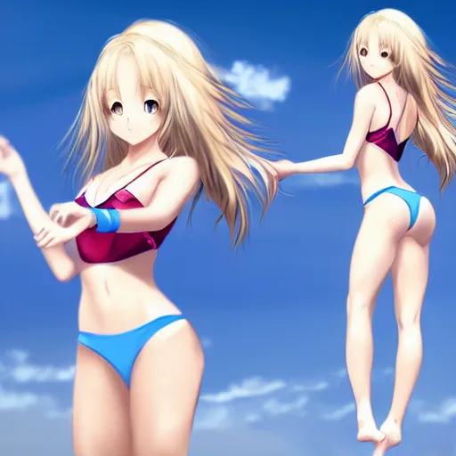 Prompt: a very beautiful young anime gymnastics girl, full body, long wavy blond hair, sky blue eyes, full round face,, bikini, miniskirt, front view, mid - shot, highly detailed, cinematic wallpaper by stanley artgerm lau