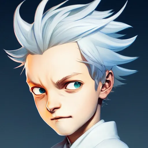Prompt: Portrait of Ray from the promised neverland, white hair ,highly detailed, digital painting, artstation, concept art, sharp focus, illustration, art by greg rutkowski and alphonse mucha