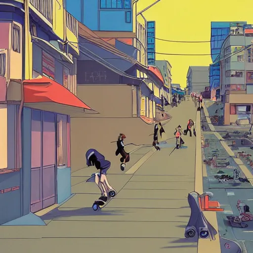 Image similar to city street, sloped street, city on tall hillside, street scene, rollerbladers grinding on rails, skaters, rollerskaters, cel - shading, 2 0 0 1 anime, flcl, jet set radio future, golden hour, japanese town, concentrated buildings, japanese neighborhood, electrical wires, cel - shaded, strong shadows, vivid hues, y 2 k aesthetic