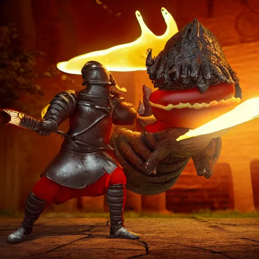 Image similar to a warrior fighting a giant hotdog demon that spits mustard. eldenring boss, zbrush, arnold render, unrealengine 5, dark souls, horror, extremely detailed