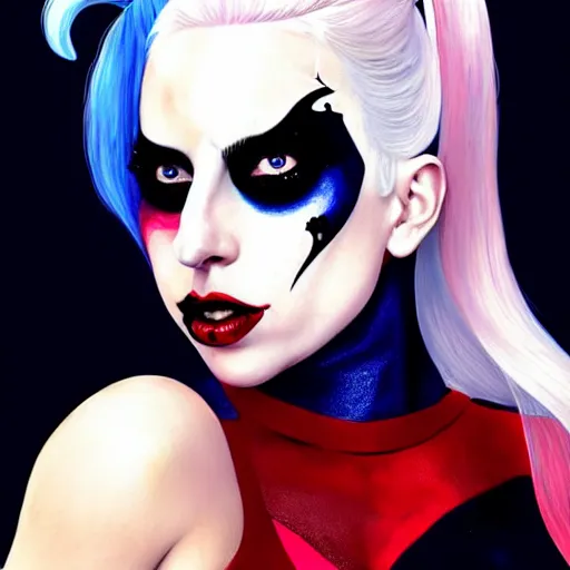 Image similar to lady gaga as harley quinn, perfect full shot photo, intricate, elegant, super highly detailed, professional digital painting, artstation, concept art, smooth, sharp focus, no blur, no dof, extreme illustration, Unreal Engine 5, 8K, art by artgerm and greg rutkowski and alphonse mucha and loish and WLOP