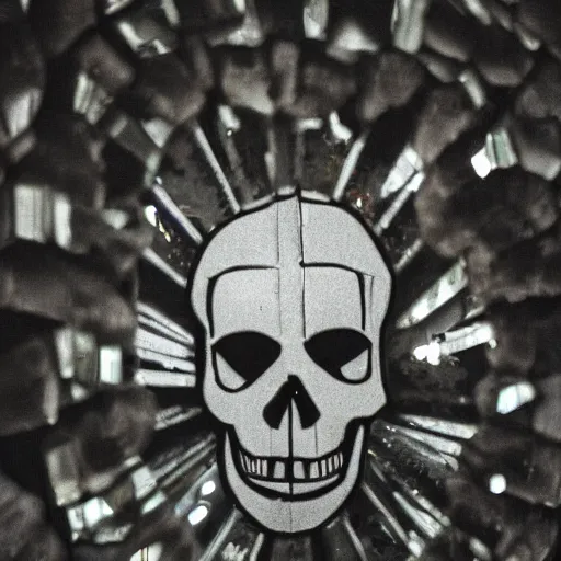 Image similar to a skull made out of broken mirrors, reflecting light in a nightclub, grainy film still