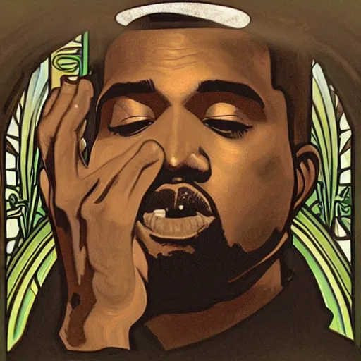 Image similar to surprised Kanye West, painting by Alphonse Mucha