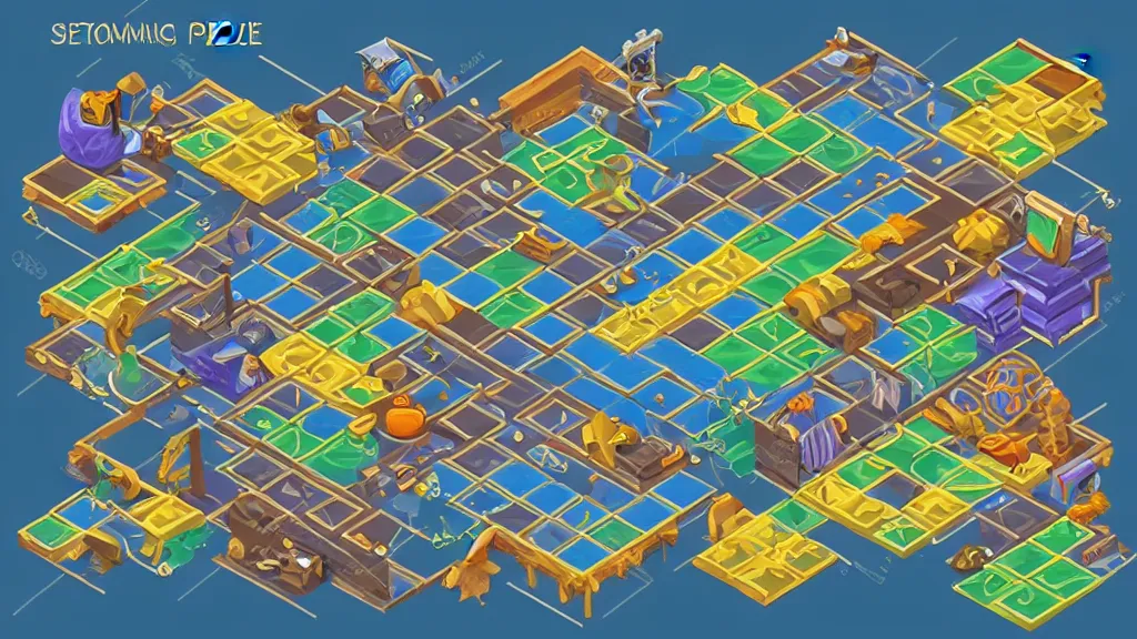 Image similar to sketched seasonable change isometric puzzle game, intricate design change