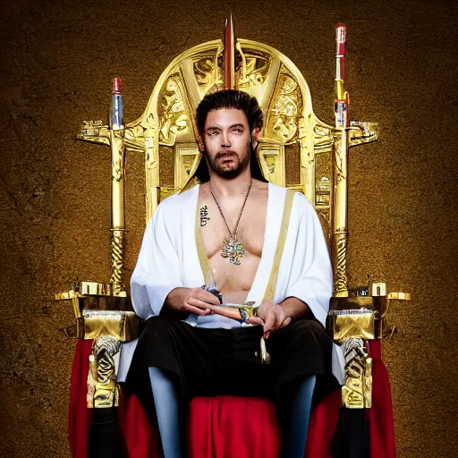 Image similar to modern self portrait of man sitting on throne, legs crossed, while holding a sword, white man, hispanic, brown hair, light skin, golden throne, sharp, marker, red robes, 8 k, hi - rez, clear, brown eyes, colored, green plants and golden background, sun in the sky, palace scenery, sharp, illustrated by yoji shinkawa