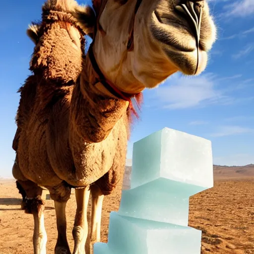 Prompt: a camel carrying a giant block of ice
