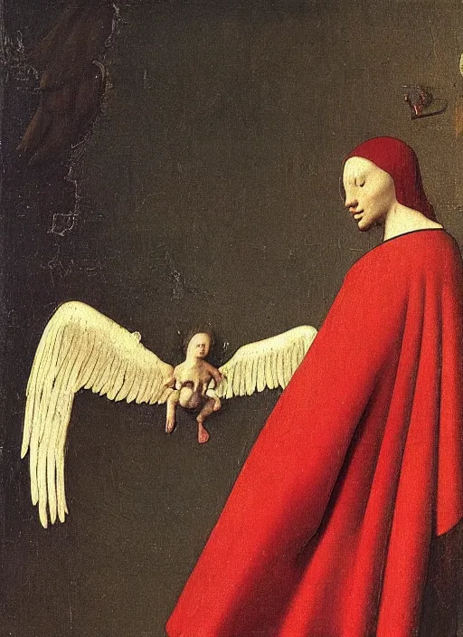 Image similar to Flying Fallen Angel with wings dressed in red, Medieval painting by Jan van Eyck, Johannes Vermeer, Florence