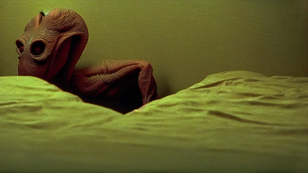 Image similar to a strange creature sits at the end of your bed, film still from the movie directed by Denis Villeneuve with art direction by Zdzisław Beksiński, close up, telephoto lens, shallow depth of field