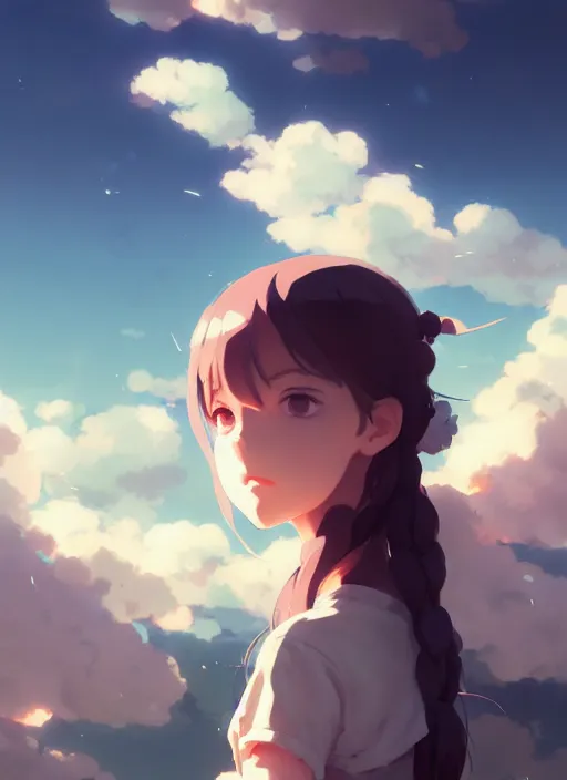 Image similar to portrait of cartoon girl, cloudy sky background lush landscape illustration concept art anime key visual trending pixiv fanbox by wlop and greg rutkowski and makoto shinkai and studio ghibli