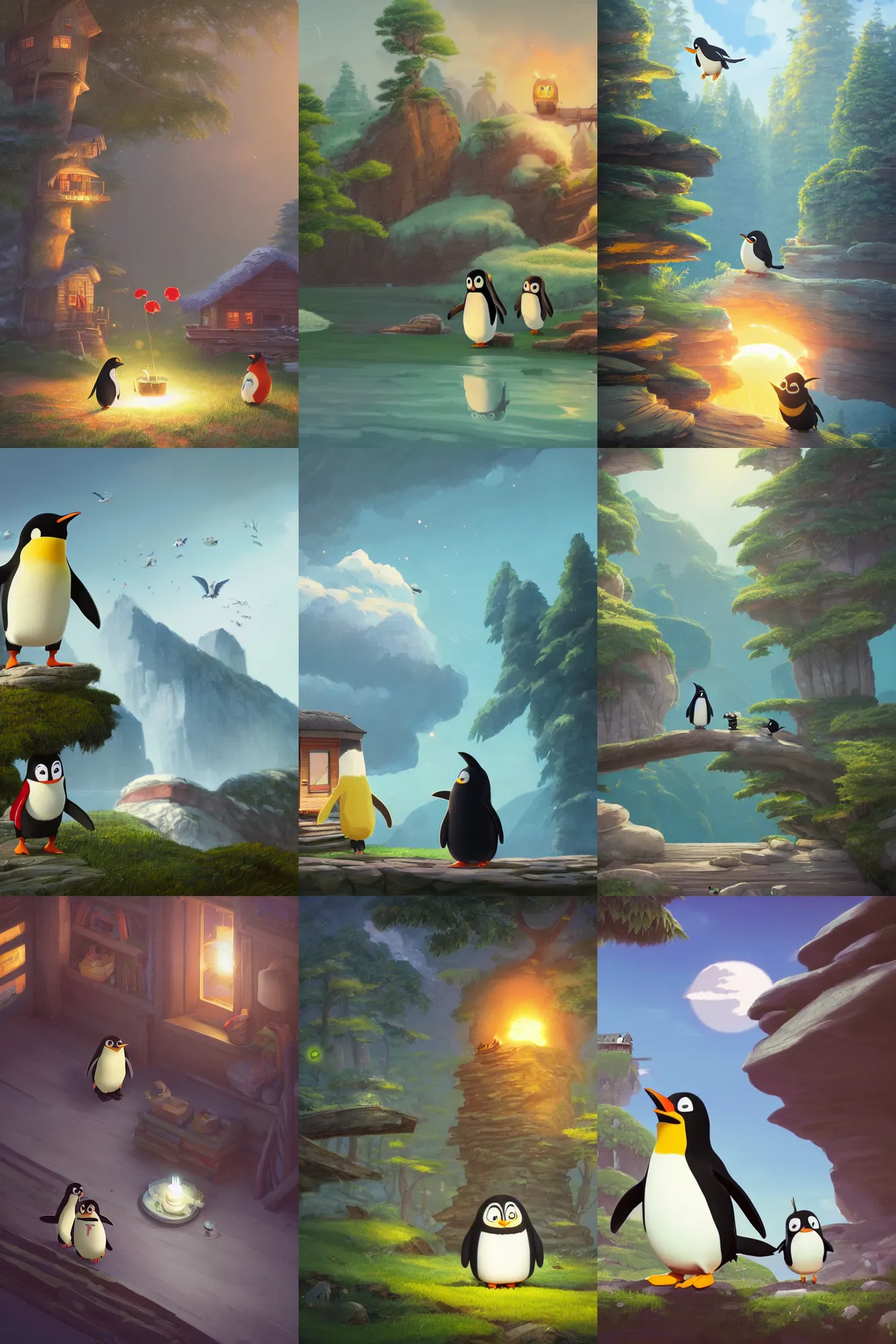 Prompt: a wholesome cottagecore illustration of a happy cartoon penguin, studio Ghibli, Pixar and Disney animation, sharp, Rendered in Redshift and Unreal Engine 5 by Greg Rutkowski, Bloom, dramatic lighting