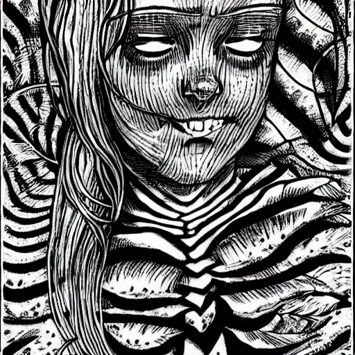 Image similar to a lush vine covered portrait by junji ito