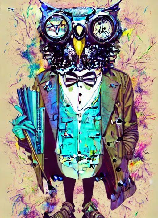 Prompt: anthropomorphic wise wealthy white - owl travels through time via steampunk portals, pixiv fanbox, dramatic lighting, maximalist pastel color palette, splatter paint, pixar and disney exploded - view drawing, graphic novel by fiona staples and dustin nguyen, peter elson, alan bean, wangechi mutu, clean cel shaded vector art, trending on artstation