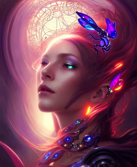 Image similar to a whirlwind of souls rushing inside the metaverse, half body, glowin eyes, tiara with sapphire, insect, android, cyberpunk, d & d, fantasy, intricate, elegant, highly detailed, colorful, vivid color, digital painting, artstation, concept art, art by artgerm and greg rutkowski and alphonse mucha and ruan jia