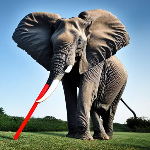 Image similar to an elephant is drinking from a straw into a can of red bull that is 4 0 feet tall