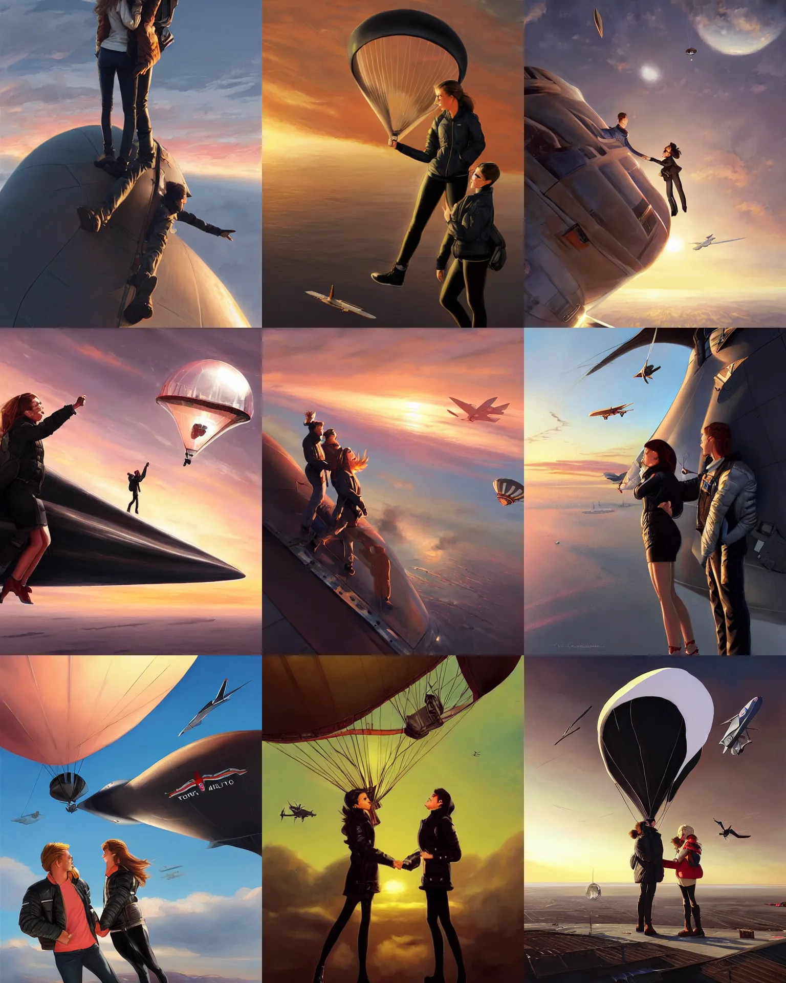 Prompt: tall aviator girl in black bomber jacket and adventurer holding hands looking out of a flying zeppelin!!!!! during sunset, cinematic, photorealistic, ultrarealistic, textured, painting by artgerm and greg rutkowski artstation