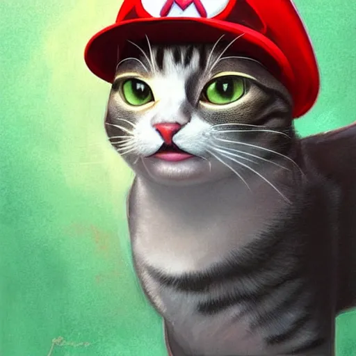 Prompt: Portrait of a Cat dressed as Super Mario, Mario hat, nintendo, highly detailed, digital painting, artstation, concept art, smooth, sharp focus, illustration, art by artgerm and greg rutkowski and alphonse mucha