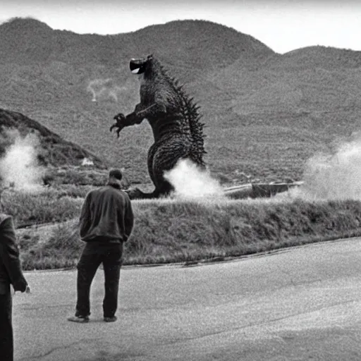 Image similar to extreme wide angle photo of godzilla taking a smoking break between filming setups