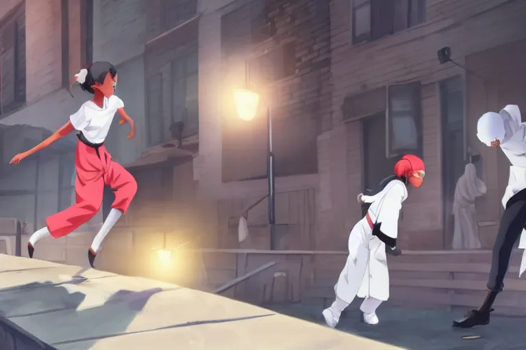 Prompt: a cute young black female ninja nurse wearing a diamond white coat is attacking an old man on a harlem rooftop, lighting, anime scenery by Makoto shinkai