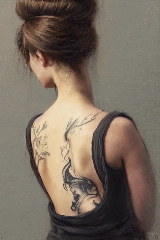 Image similar to girl with messy bun hairstyle, back view, tattoo sleeve, jeremy lipking, joseph todorovitch