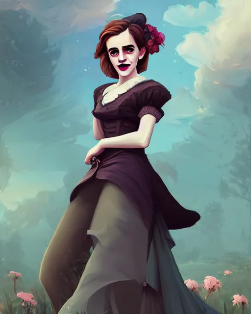 Image similar to beautiful full body Emma Watson goofy smiling dressed in victorian style fashion, photographic castle gardens background illustration by lois van baarle and loish and ross tran and rossdraws and sam yang and samdoesarts and artgerm, digital art, highly detailed, intricate, sharp focus, Trending on Artstation HQ, deviantart