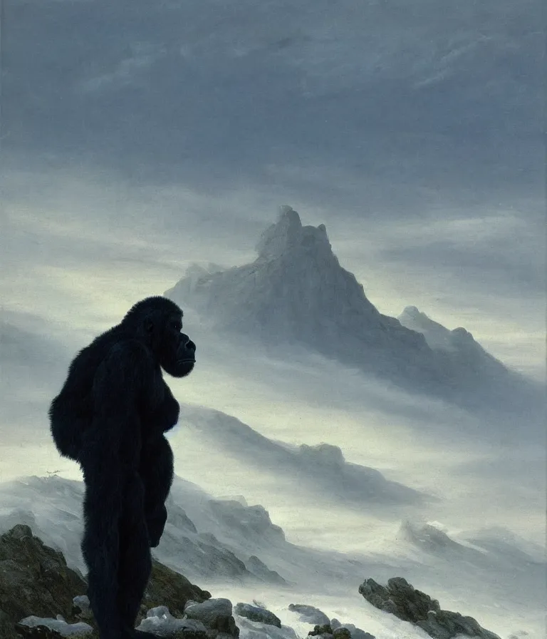 Prompt: a painting in the style of caspar david friedrich's wanderer above the sea of fog of a gorilla in a navy blue trench coat standing above a wasteland of snow