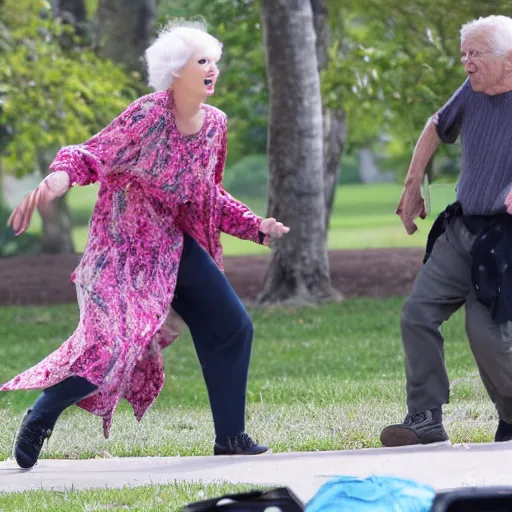 Prompt: taylor swift tripping old people in the park