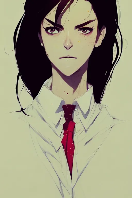 Image similar to a ultradetailed full body portrait of a woman dressed in a white shirt with a tie, by conrad roset, greg rutkowski and makoto shinkai trending on artstation