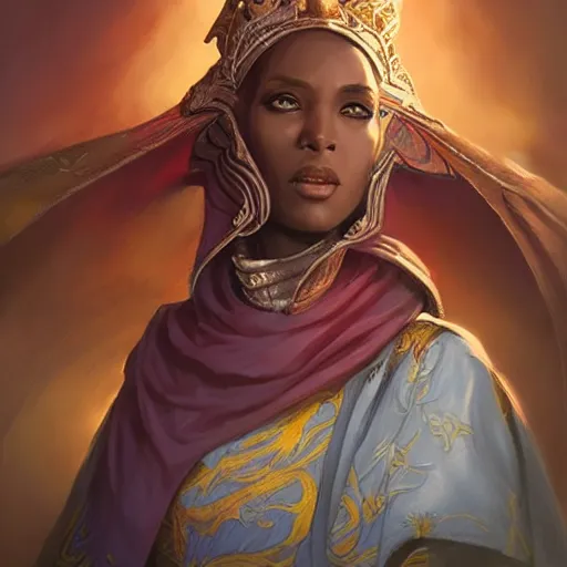 Prompt: somali empress, D&D, fantasy, portrait, highly detailed, digital painting, trending on artstation, concept art, sharp focus, illustration, art by artgerm and greg rutkowski and magali villeneuve