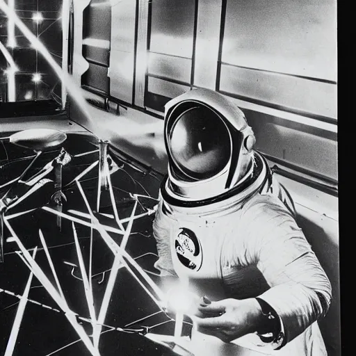 Image similar to old photograph of an astronaut in a futurist lab doing occult experiments