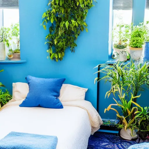 Prompt: a yellow moon shaped bed in a blue room, with plants in the windows of the room