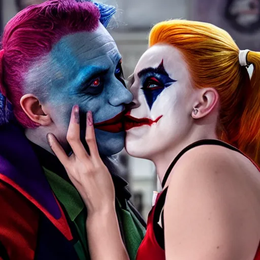 Image similar to photograph of Harley Quinn kissing the joker