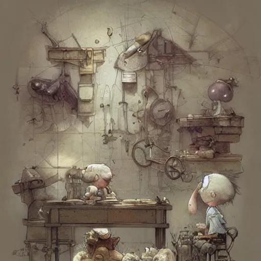 Image similar to cluttered inventors workshop. muted colors. by Jean-Baptiste Monge !!!!!!!!!!!!!!!!!!!!!!!!!!!