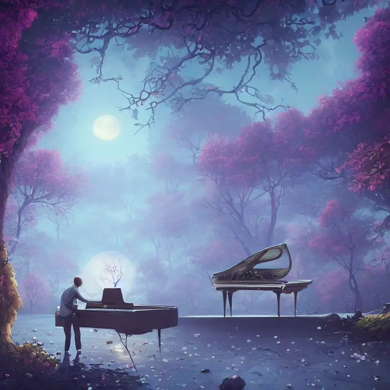 Prompt: A beautiful ultra detailed matte painting Moonlight Sonata, vivid colors, by Cyril Rolando, David Wiesner, unreal engine, featured on artstation