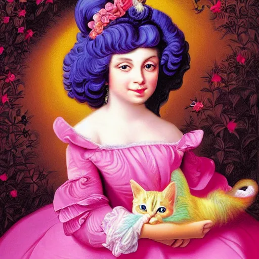 Prompt: baroque rococo pastel beautiful princess with kitten Greg Hildebrandt Lisa frank portrait