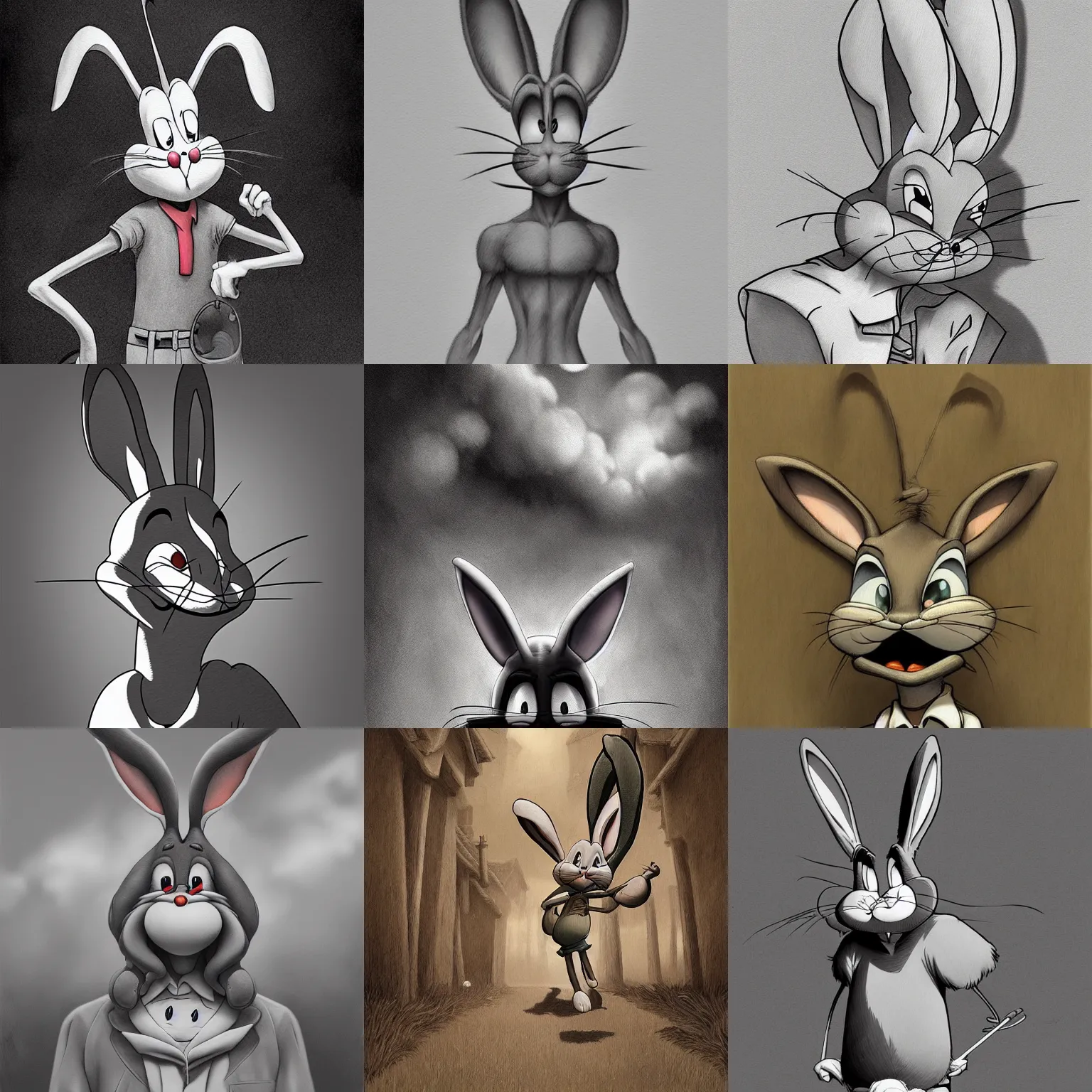 Prompt: Bugs Bunny in the style of John Kenn Mortensen, realistic painting, high definition, digital art, matte painting, very detailed, realistic